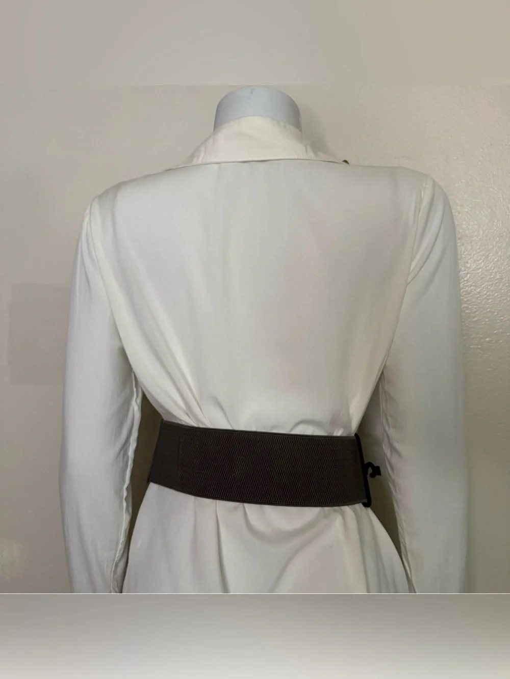 Gray PU leather wide elastic waistband belt with hematite tone rectangle buckle